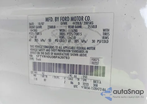 2008 Ford Ranger Sport/Xl/Xlt z USA, uszkodzony, nr VIN 1FTYR10U38PA39783